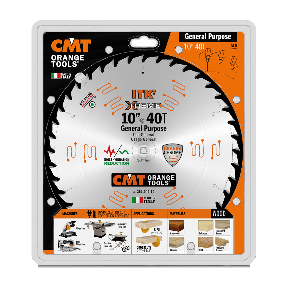 CMT Orange ITK General Purpose Saw Blade 10" x T40 ATB with 5/8-Inch Bore (0.098" Thin Kerf)