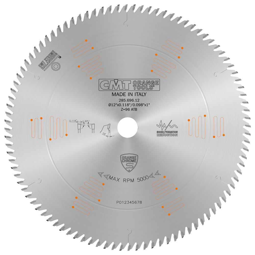 CMT Orange Chrome Ultra Finish Cross Cutting Blade 12" x T96 ATB (1/8" Full Kerf)