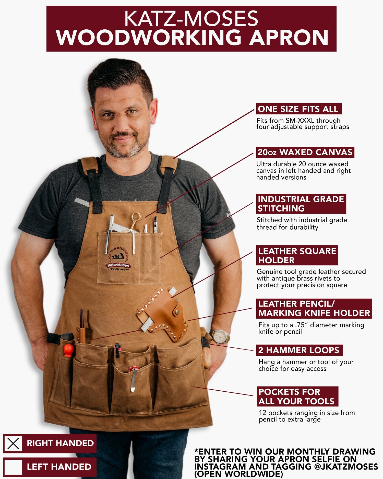 The Katz-Moses Unisex 20 oz Waxed Canvas Woodworking Tool Apron (XS/SM/MED/SLIM)