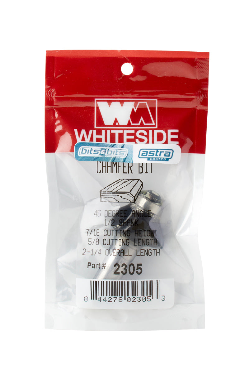 Whiteside 45° CHAMFER BIT 1/2"SH, 45°, 5/8"CL *Astra Coated*