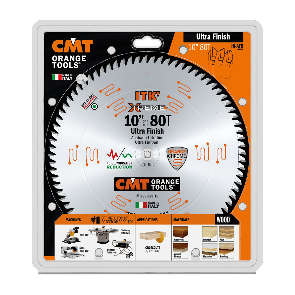 CMT Orange ITK Ultra Finish Cross Cut Saw Blade 10" x T80 40° ATB with 5/8-Inch Bore (0.098" Thin Kerf)