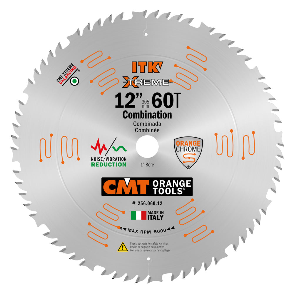 CMT Orange ITK Combination Saw Blade 12" x T60 1FTG+4ATB Grind with 1-Inch Bore (0.110" Thin Kerf)