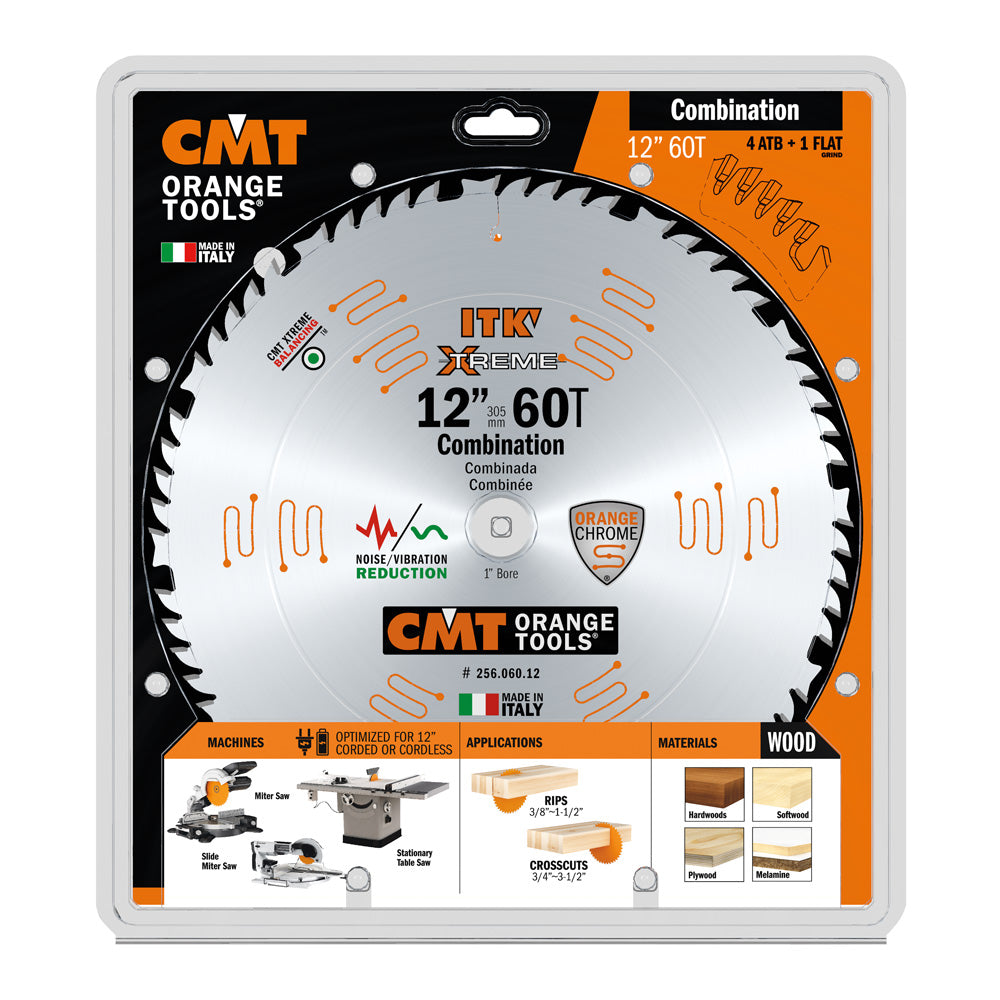 CMT Orange ITK Combination Saw Blade 12" x T60 1FTG+4ATB Grind with 1-Inch Bore (0.110" Thin Kerf)