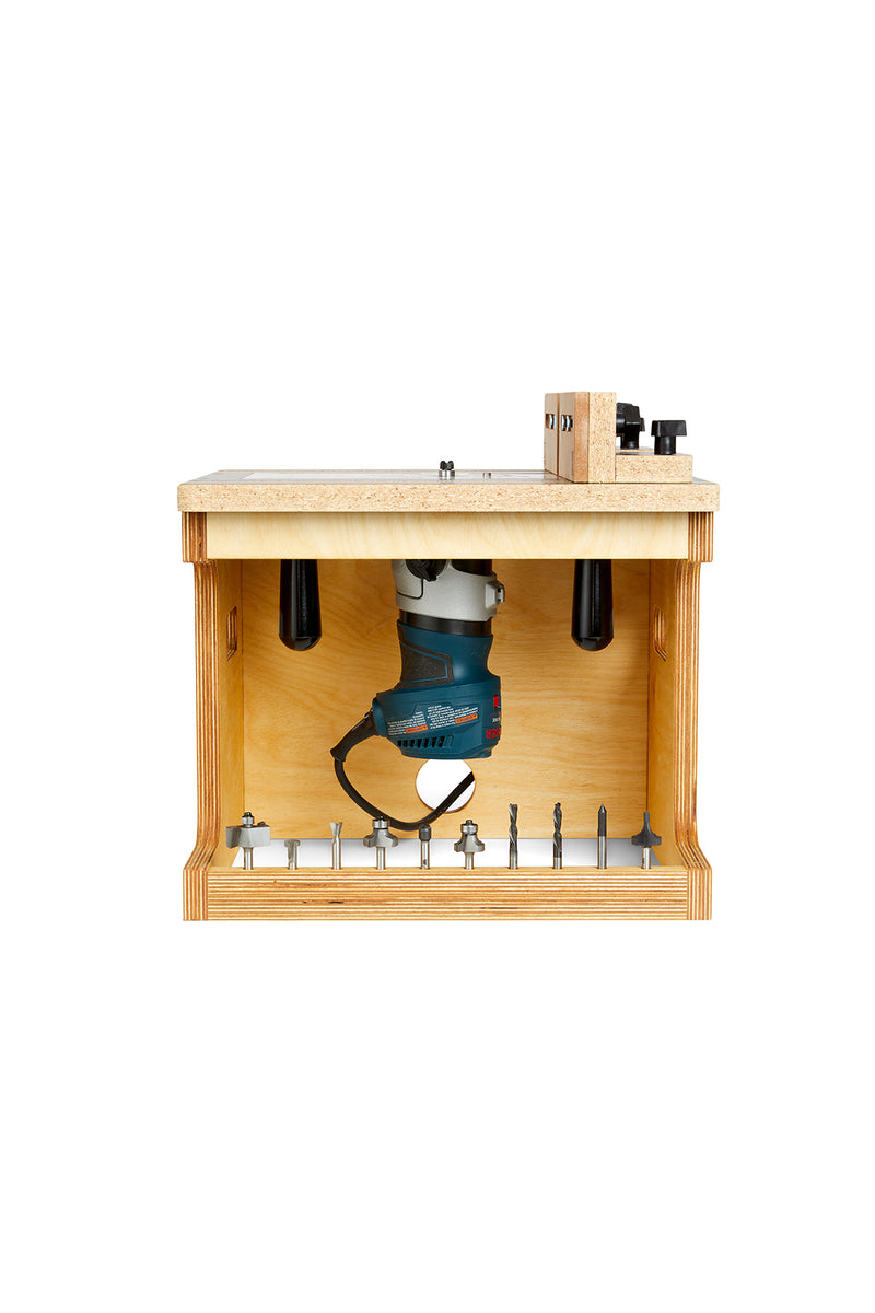 Blue Router Table KM Tools Benchtop Router Table for 3x3 Custom Trim Router Jig