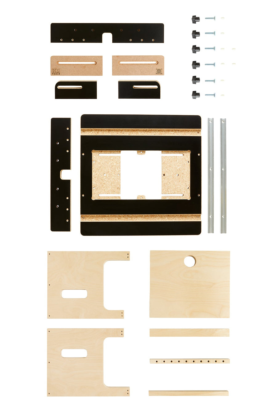 Trim Router Table Packaging 3X3 Custom 6-in-1 Universal Trim Router Jig + KM Tools Benchtop Router
