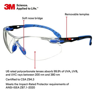 3M Solus Safety Glasses – Clear Anti-Fog Lens, Blue Temples, Foam/Strap Kit, S1101SGAF-KT